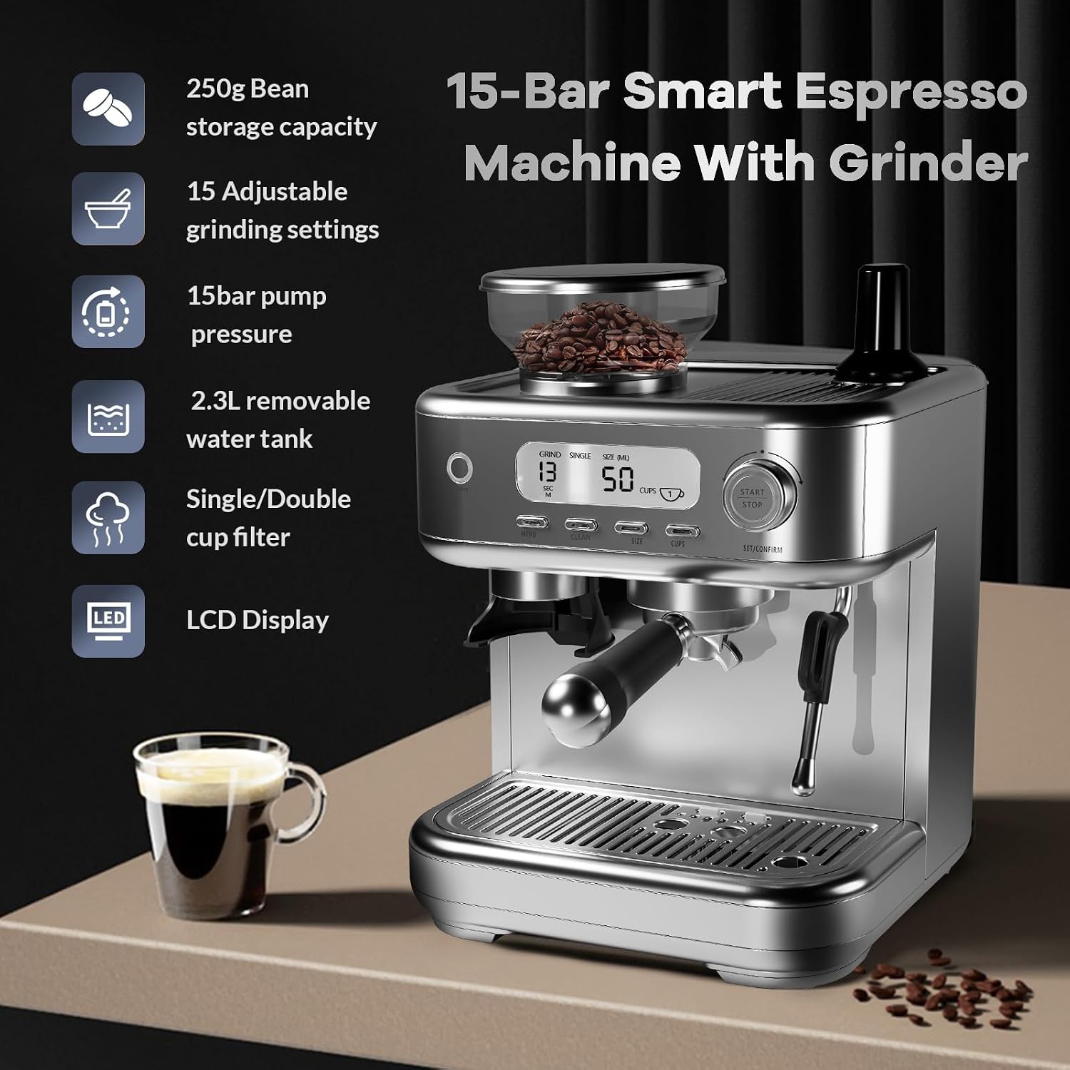 Espresso Machine 15 Bar, LCD Display Espresso Maker with Grinder, Milk Frother and PID Temperature Control, Professional Coffee Maker for Latte Cappuccino - 8.8 Oz Bean Hopper