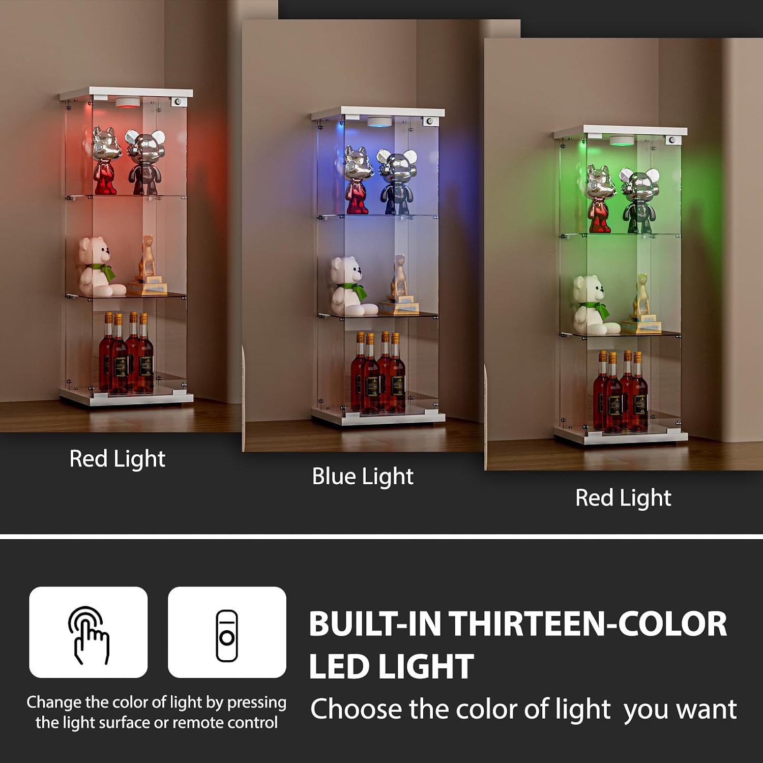 FANYUSHOW 3-Shelf Glass Display Cabinet with LED Light, Upgraded Quick-Install Style Curio Cabinets 5mm Tempered Glass Bookshelf for Bedroom, Living Room 49.1'x 16.7'x 14.3' White
