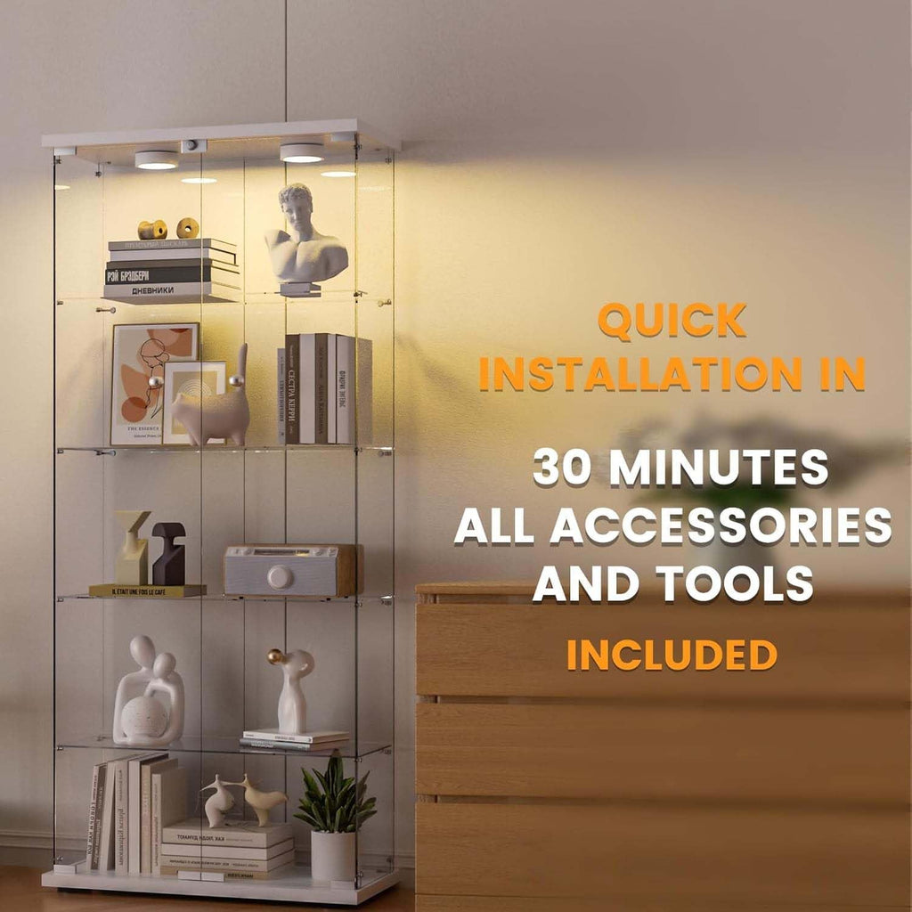 Glass Display Cabinet with LED Lights, 5-Shelf Locking Bookcase with Remote Control, Tempered Glass Curio Cabinet for Living Room, Bedroom, Office, White (5-Shelf)