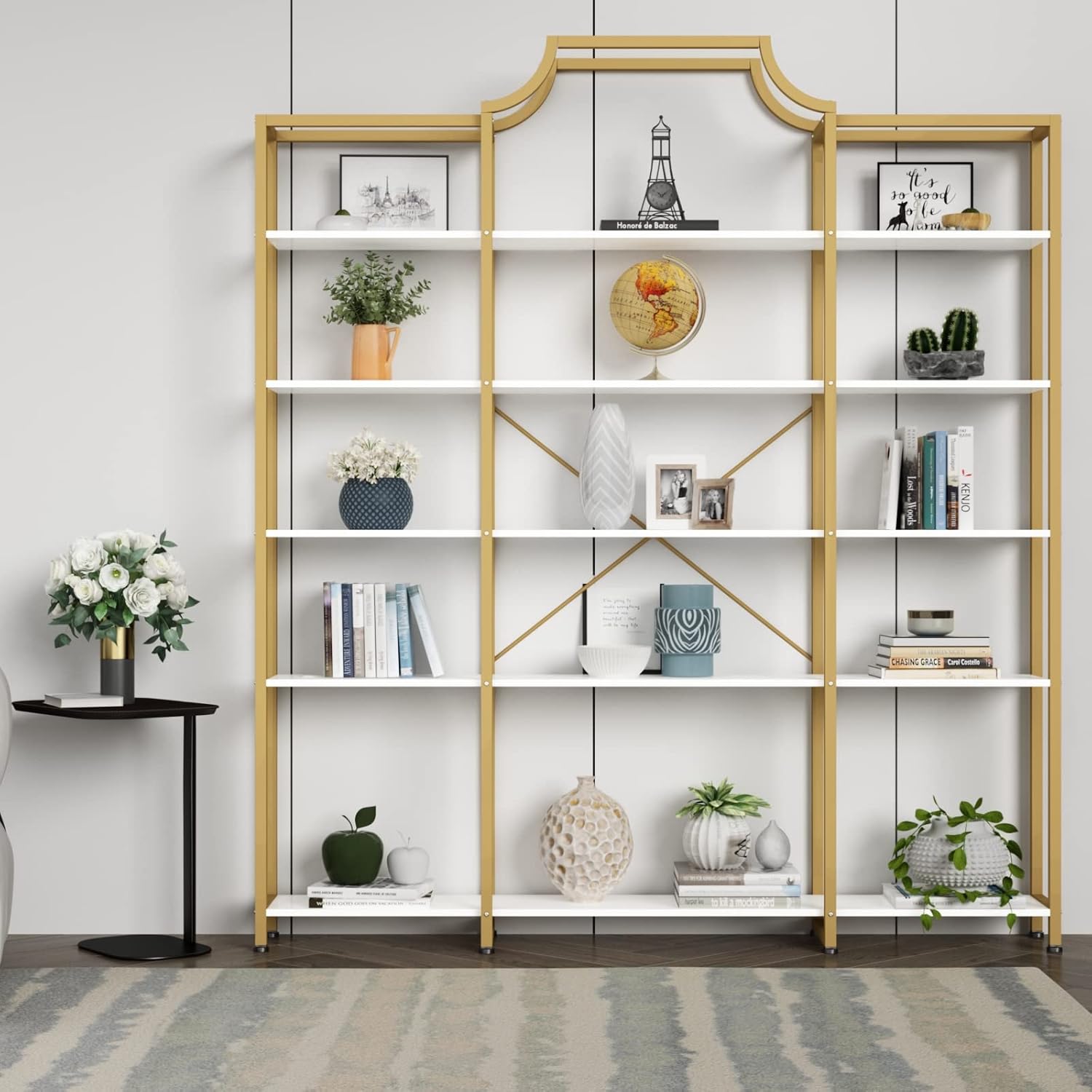 Auromie Triple Wide 5-Tier Bookshelf, 70.87' L x 79.13' H Extra Large Gold Bookcase, Tall Display Shelf with Metal Frame, Freestanding Etagere Storage Display Shelf for Home Office, White Gold