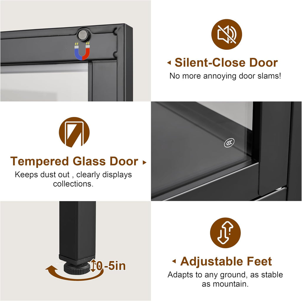 UNICOLY Glass Display Cabinet 4-Tier, Display Cabinet with Glass Doors, Curio Cabinet with Tempered Glasses Doors,Metal Storage Cabinets for Living Room, Plant, Assembly Required, Black