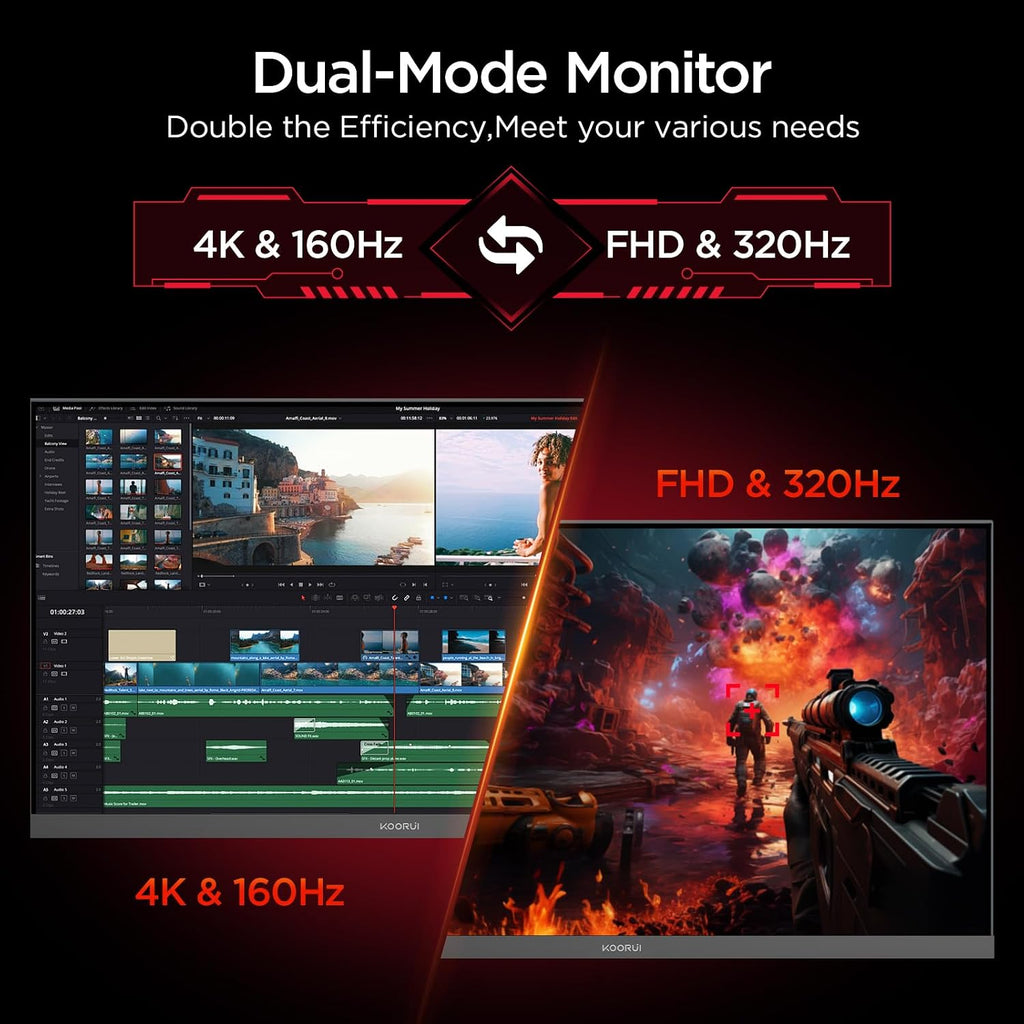 KOORUI 27' 4K Gaming Monitor - Dual Mode UHD 160Hz or FHD 320Hz, Fast IPS 1ms, FreeSync Premium & G-SYNC Compatible, HDMI 2.1/DP 1.4, HDR400, Height/Pivot/Tilt Adjustable, PC & Console Ready, G2741L