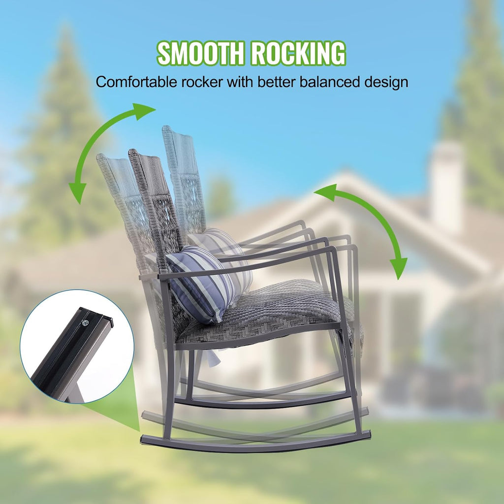 Backyard Expressions 3-Piece Wicker Patio Rocking Chair Set – Outdoor Rocker Chairs with Cushions and Faux Stone Table, All-Weather PE Rattan Porch Furniture for Deck, Balcony, or Garden