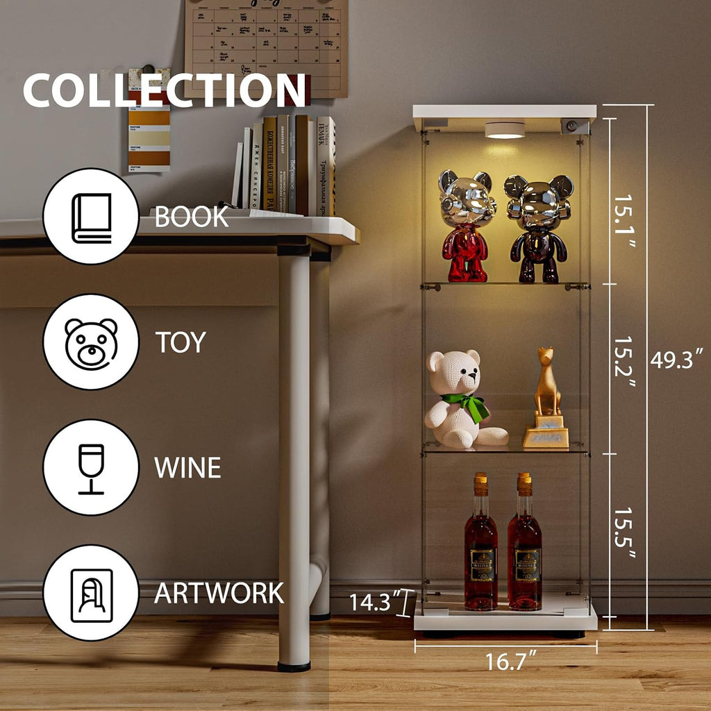 FANYUSHOW 3-Shelf Glass Display Cabinet with LED Light, Upgraded Quick-Install Style Curio Cabinets 5mm Tempered Glass Bookshelf for Bedroom, Living Room 49.1'x 16.7'x 14.3' White