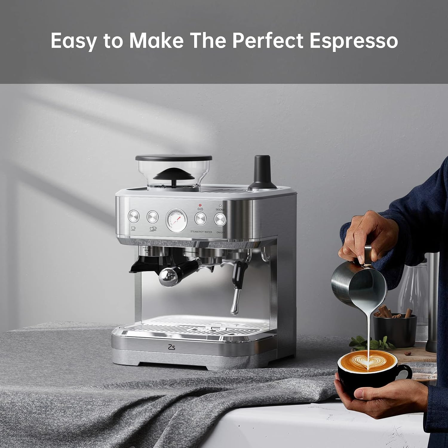 Espresso Machine 15 Bar, LCD Display Espresso Maker with Grinder, Milk Frother and PID Temperature Control, Professional Coffee Maker for Latte Cappuccino - 8.8 Oz Bean Hopper