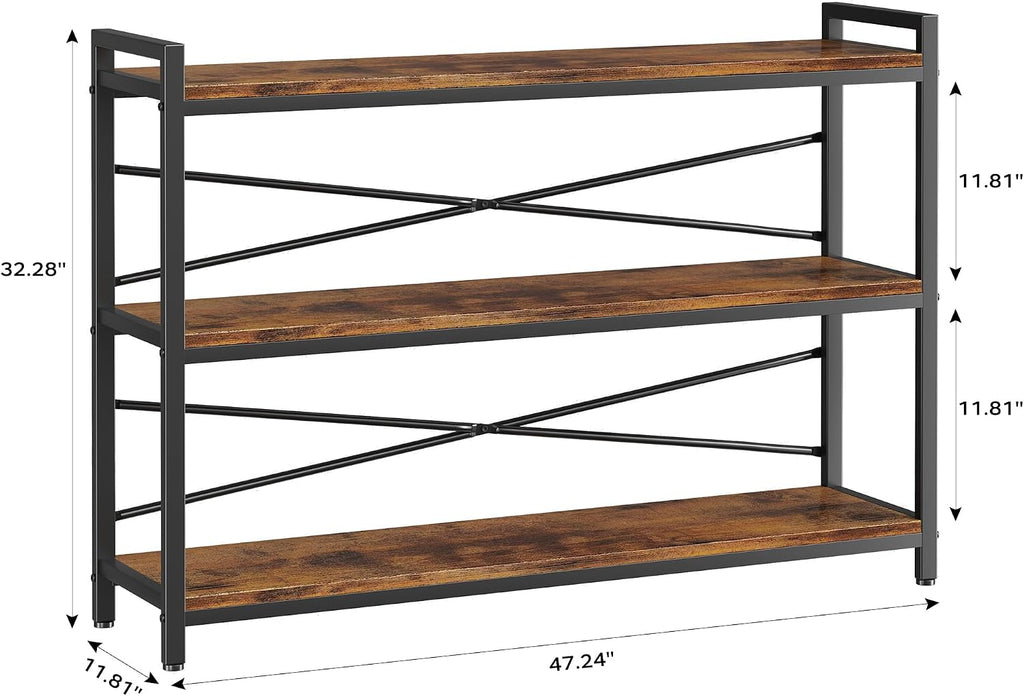 3 Tier Bookshelf 47.24' Width, Wood and Metal Etagere Bookcase, Vintage Farmhouse Modern Wooden Large Book Shelf for Home Living Room Bedroom Office Storage(Rustic Brown)