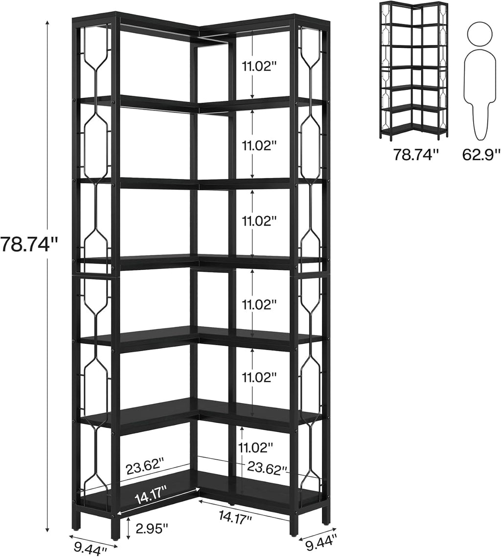 Tribesigns Corner Shelf, 7-Tier Industrial Corner Bookshelf, Wood and Metal Corner Etagere Bookcase, Freestanding Display Shelf for Living Room, Kitchen, Home Office, Light Black