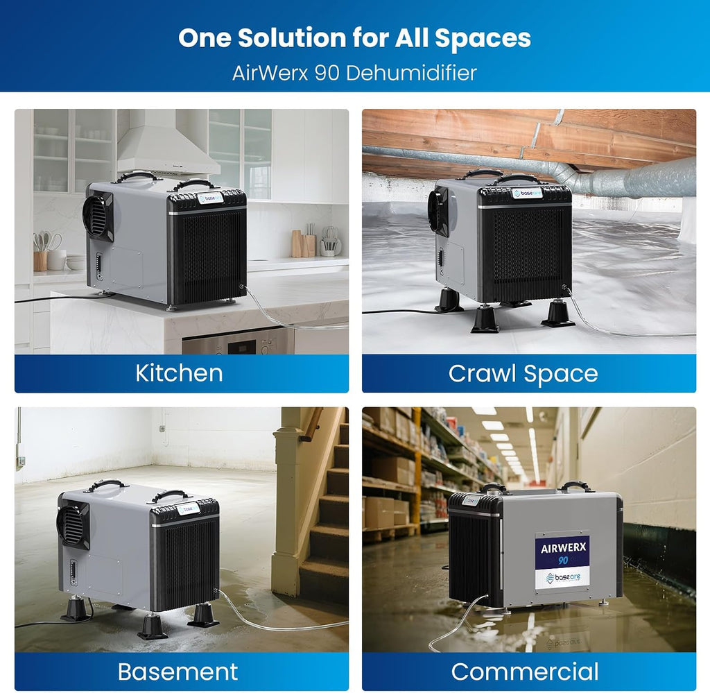 BASEAIRE 198 Pints Energy Star Crawl Space Commercial Dehumidifier, 5 Years Warranty, Large Industrial Water Damage Equipment for Basement, Garage and Job Sites, AirWerx 90