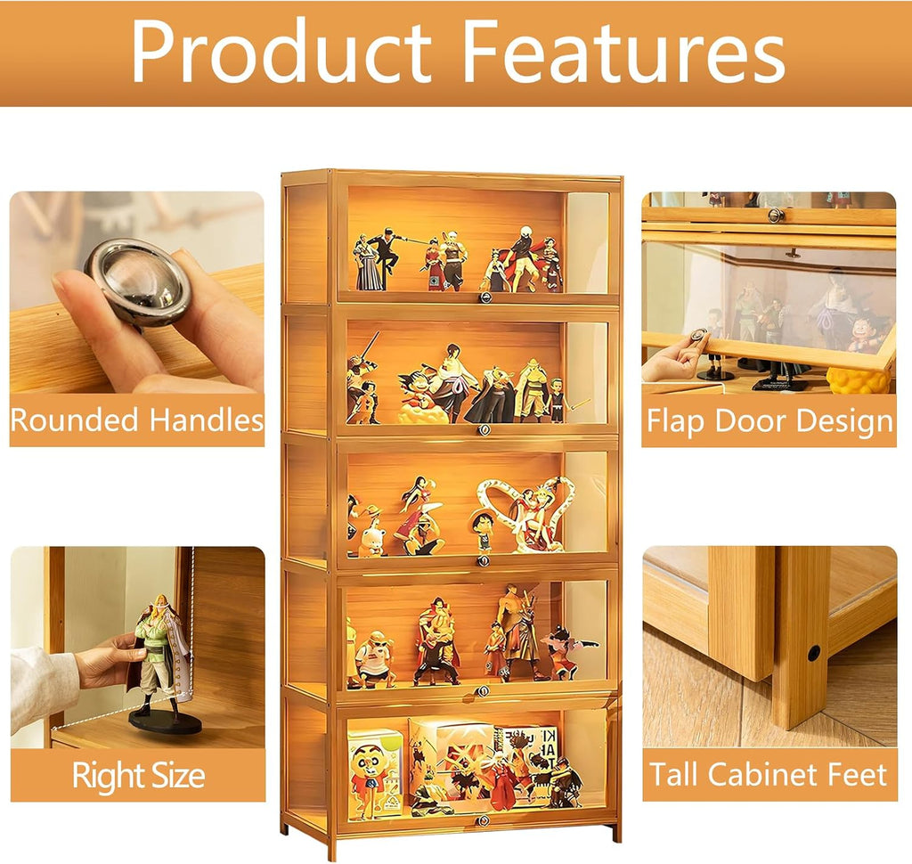 Display Cabinet with Acrylic Glass Door, 5 Tier Curio Display Case, Collectibles Toy Organizers Rack & Display Shelf, Kids Bookcase for Bedroom, Reading Nook, Toddler's Room, Bamboo
