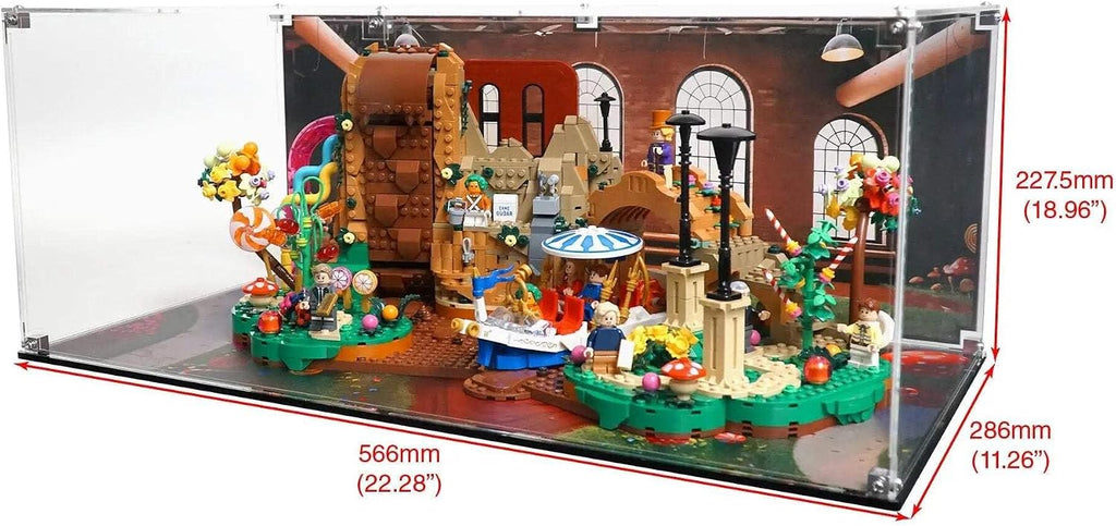 Display Case Compatible with LEGO Ideas 21360 Willy Wonka and the Chocolate Factory – UV-Printed Background and Base, Dustproof Acrylic Showcase, Set Not Included