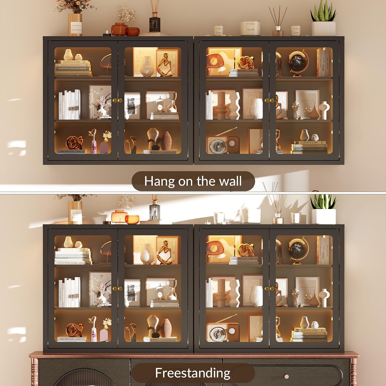 Bathroom Wall Cabinet with 13-Color Light, Wall Mounted 3-Sided Glass Display Cabinet with Adjustable Shelves, Floating Metal Medicine Storage Cabinet for Kitchen Living Room, Black