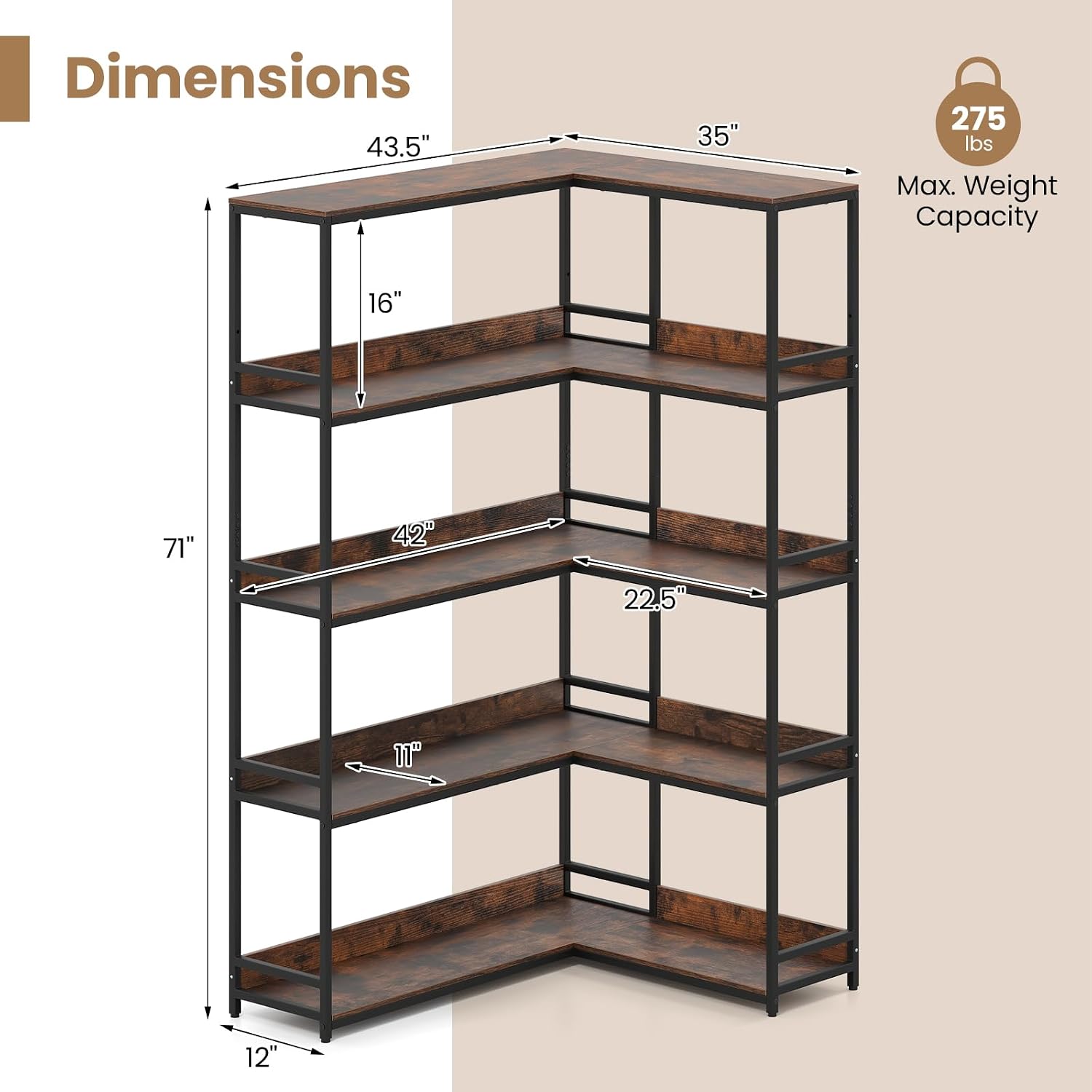 Giantex 5-Tier Corner Bookshelf, 71' L-Shaped Bookcase, Tall Etagere Bookshelf with Metal Frame, Industrial Open Display Shelf, Vertical Storage Rack for Living Room, Study, Office (Rustic Brown)