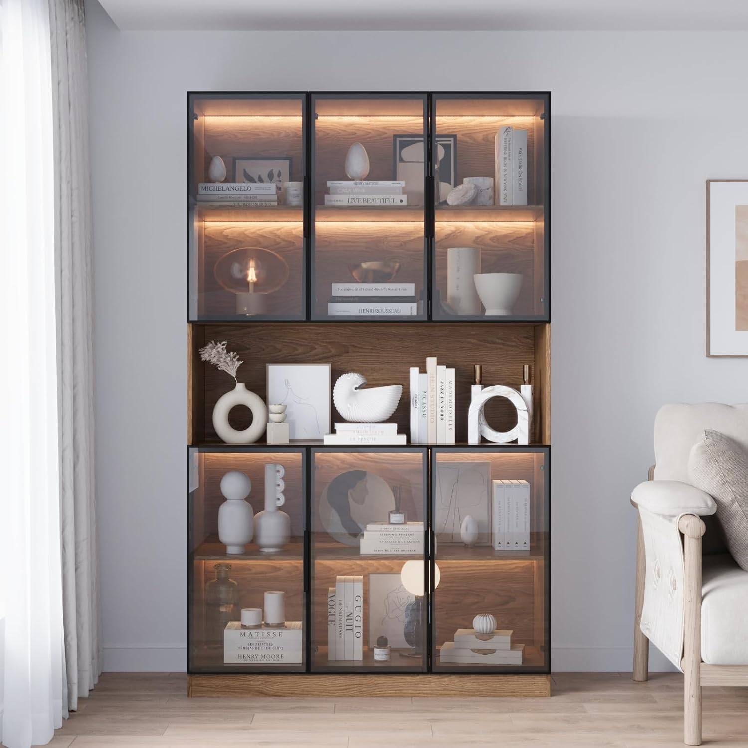 Mekminop Glass Doors Display Cabinet with Lights and Shelves, Storage Cabinets Morden Bookcase Trophy Case Display Cabinet with Hutch for Collectibles - Walnut (47.2 'W x 16.5 'D x 78.7 'H)