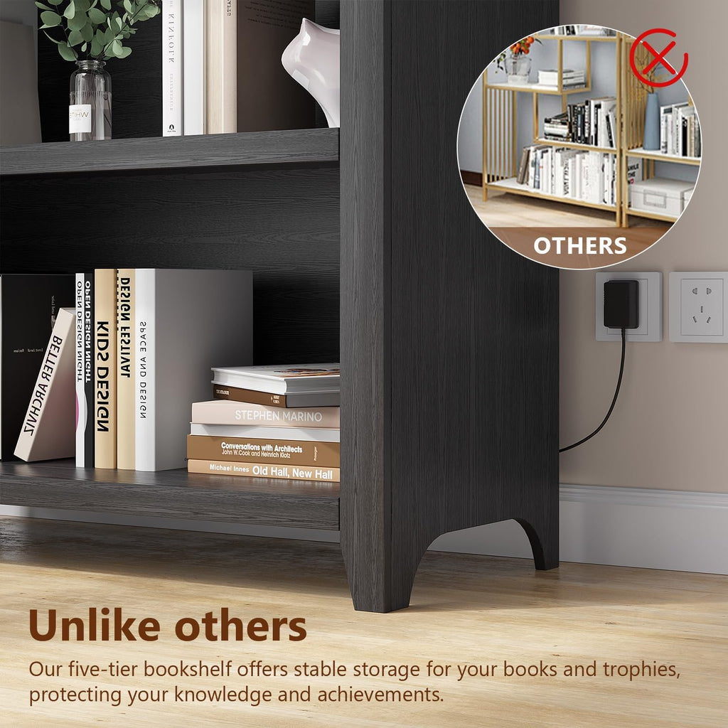 Arch Bookcase - 5 Tiers Bookshelf with 3 Colors LED Sensor Lights and Thickened Wooden Design Display Shelf for Lego Books Bathroom Living Room - Ideal Gift (Black)
