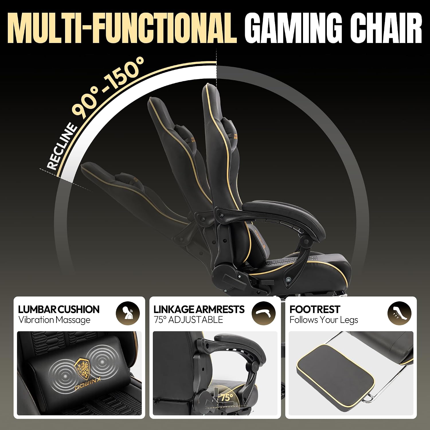Dowinx Big and Tall Gaming Chair 350LBS, Racing Style Ergonomic Computer Chair with Side-Mounted Recline Control, Footrest & Massage Lumbar, High Back Chair with Embroidered Design for Work, Black