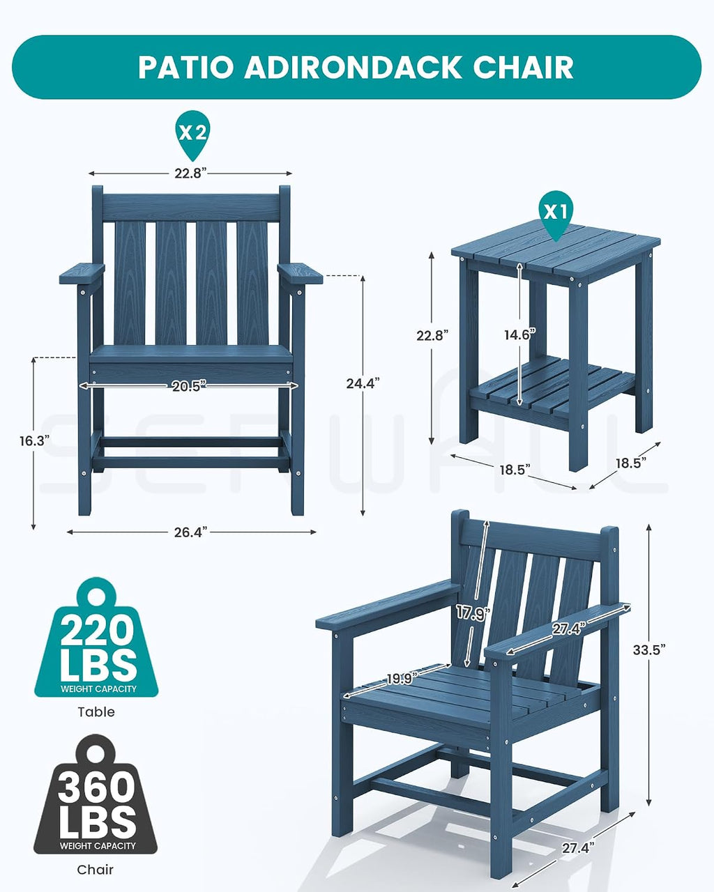 SEWRWALL 3 Pieces Patio Bistro Set, All Weather Adirondack Chair Set with Side Table, HDPE Material Outdoor Patio Furniture Set for Balcony, Porch, Garden, Backyard- Navy