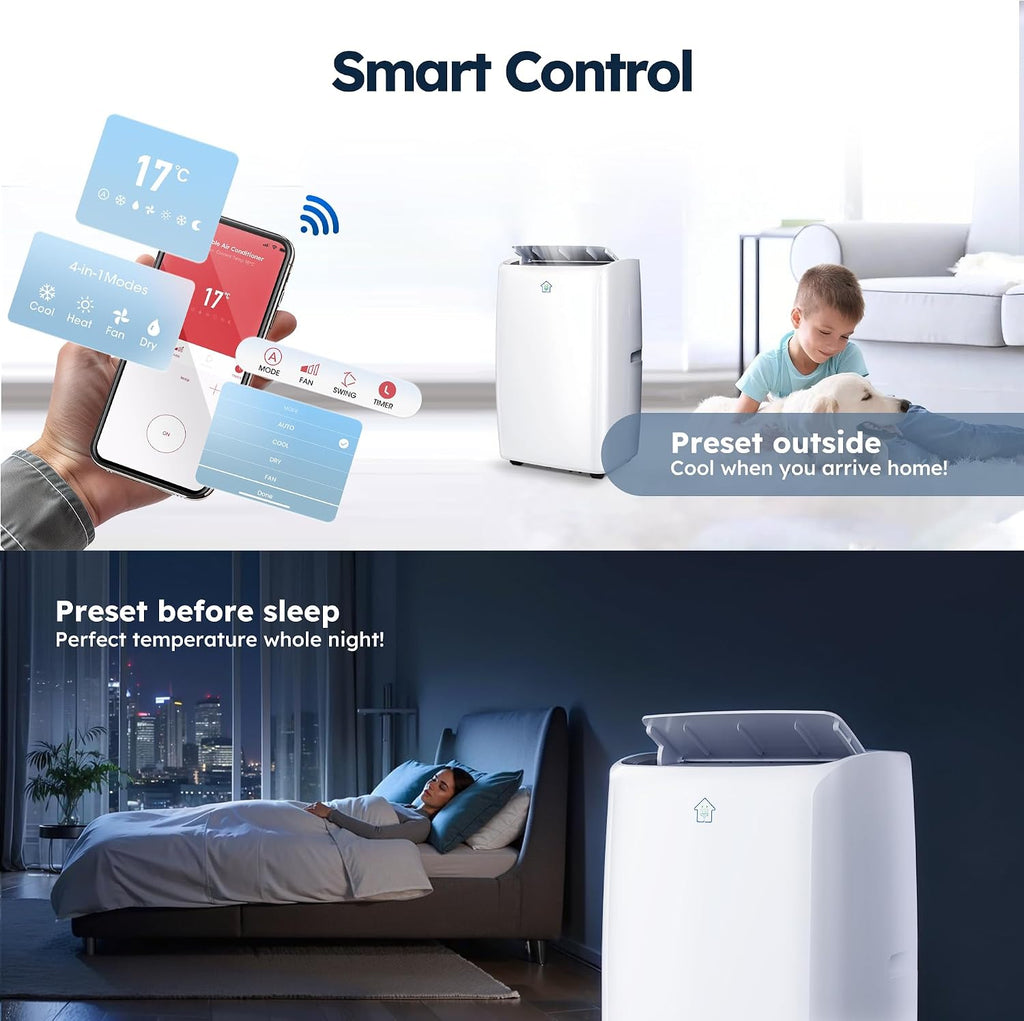 14,000 BTU Smart Air Conditioner with Heat, Auto-Evaporation Portable AC Unit with 4 Modes 3 Speeds/APP/Fast Cooling/Heating/Dehumidifier/Fan Mode/24Hrs Timer for Bedroom/Dorms/Office
