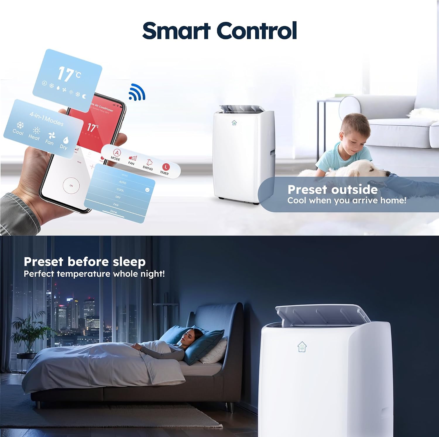 14,000 BTU Smart Air Conditioner with Heat, Auto-Evaporation Portable AC Unit with 4 Modes 3 Speeds/APP/Fast Cooling/Heating/Dehumidifier/Fan Mode/24Hrs Timer for Bedroom/Dorms/Office