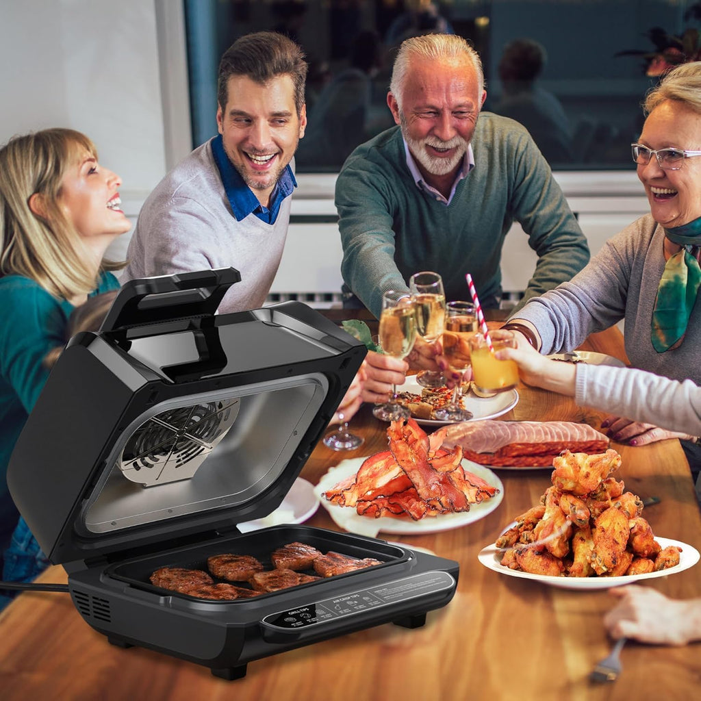 Indoor Smokeless Grill, Indoor Grill Air Fryer Combo with See, Electric Indoor Searing Grill with Adjustable Temperature Control, Nonstick Grate, Stainless Steel, 4Qt
