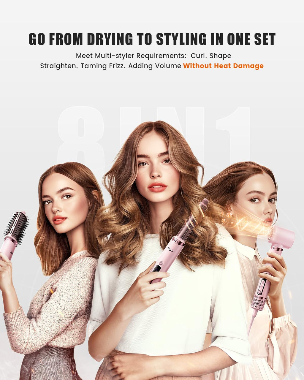 Tqcir 8-in-1 Professional Hot Air Styler&Hair Dryer Brush, Powerful Multi-Styler with Auto-Wrap Curler with Storage Case, Fast Drying Curling Straightening Volumizing Without Heat Damage(Pink)