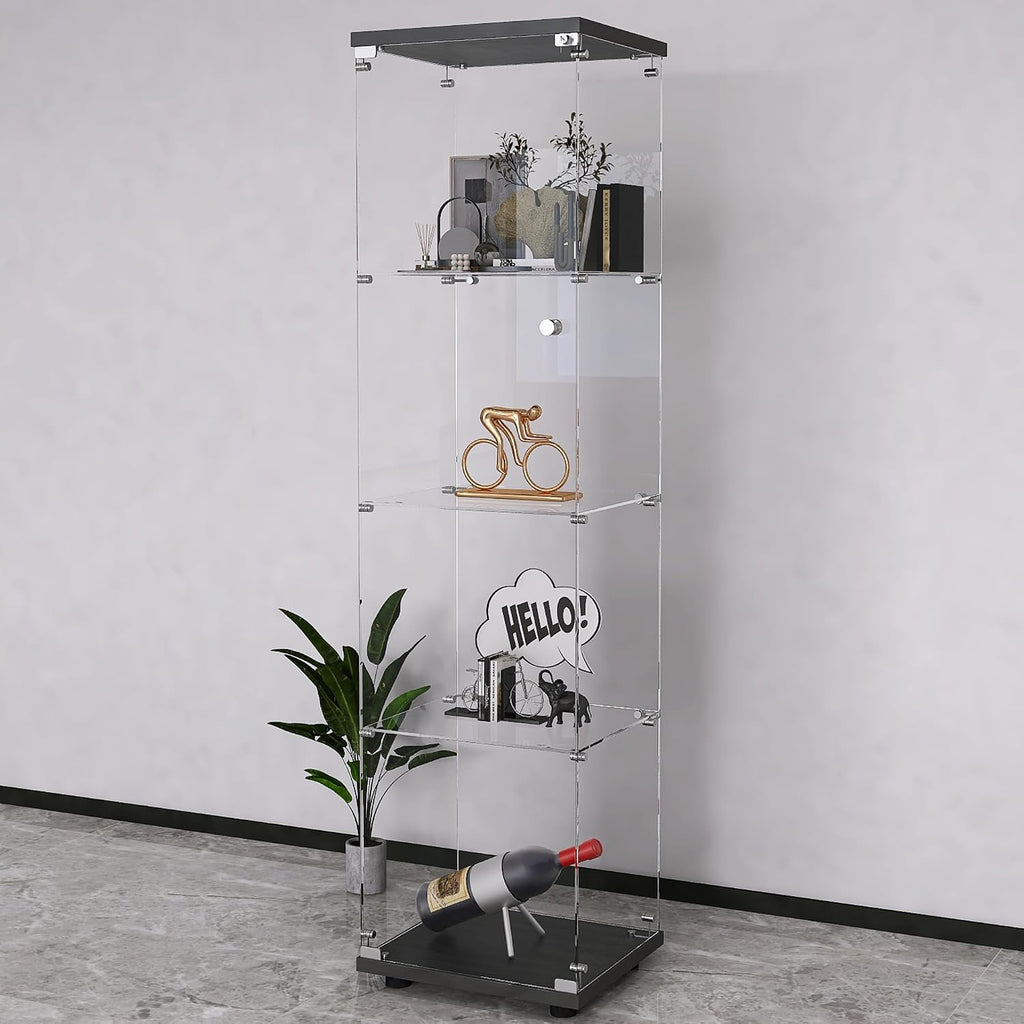 Glass Display Cabinet 4-Shelf with Door and Lock,Curio Cabinets Upgraded Quick-Install Storage Cabinet,Glass Floor Standing Bookshelf for Bedroom,Living Room,Office 16.7'Wx14.4'Dx64'H (Black)