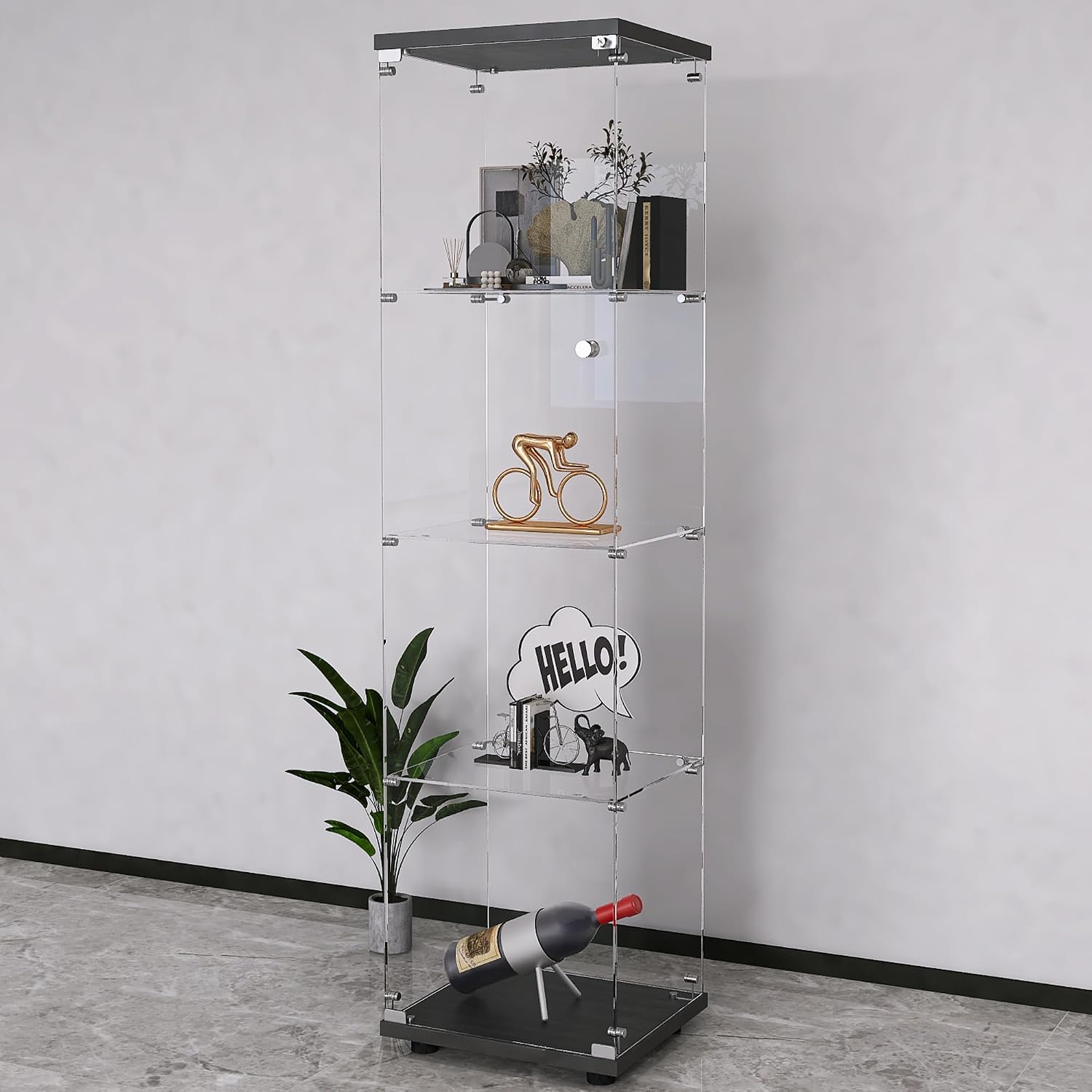 Glass Display Cabinet 4-Shelf with Door and Lock,Curio Cabinets Upgraded Quick-Install Storage Cabinet,Glass Floor Standing Bookshelf for Bedroom,Living Room,Office 16.7'Wx14.4'Dx64'H (Black)