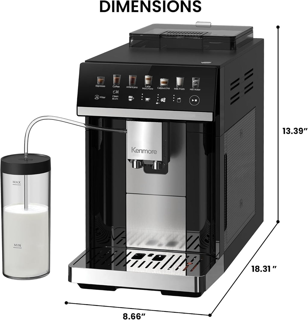Kenmore Fully Automatic Espresso Machine – Programmable Coffee Machine With Integrated Bean Grinder, Milk Steamer, Frother, Descaler, Barista Cappuccino, Latte, Americano Brewing System, Black