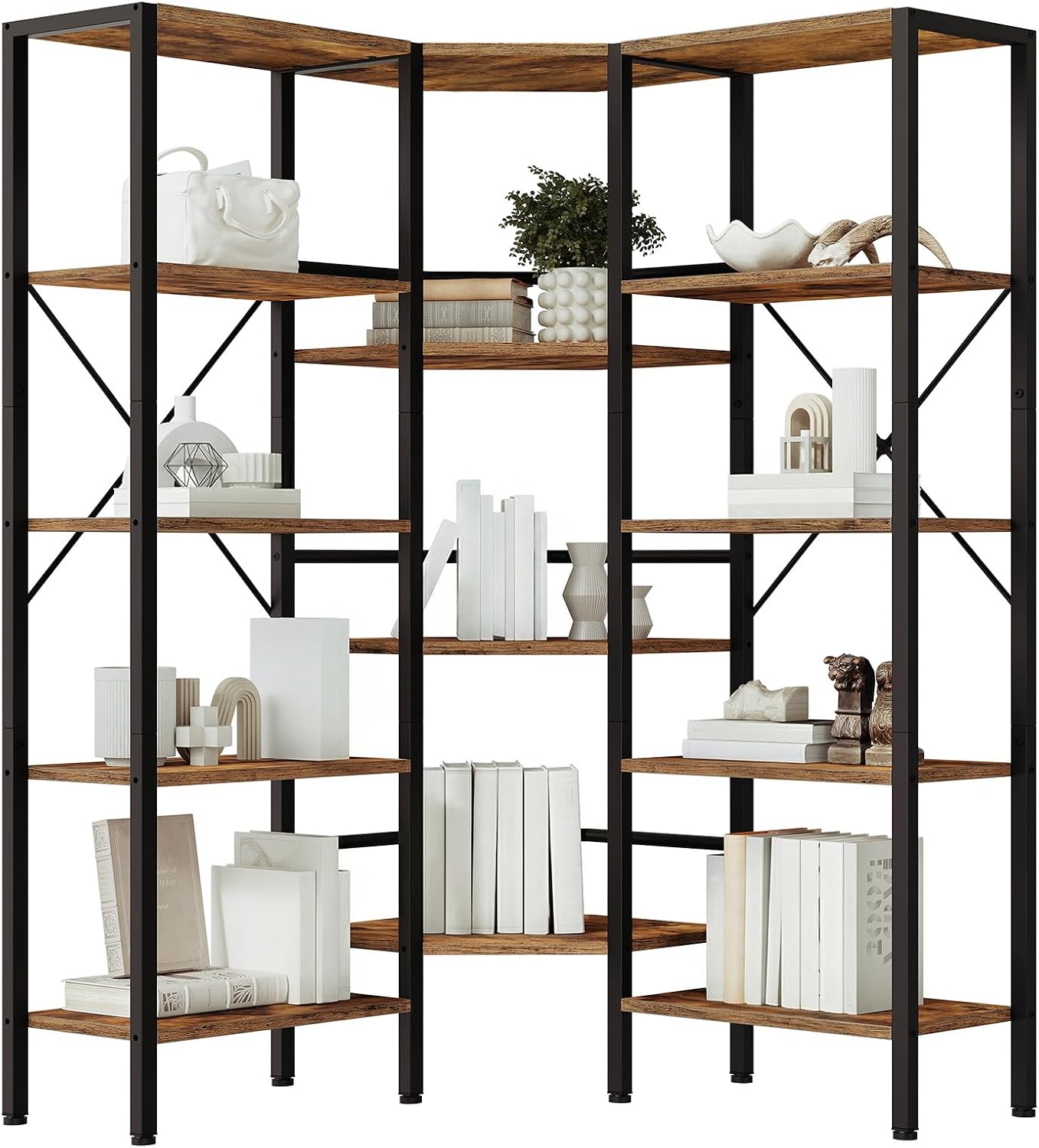 HOOBRO Industrial Corner Bookshelf, 5-Tier L-Shaped Bookcase, Open Display Storage Rack, Floor Standing Storage Shelf, for Living Room, Bedroom, Home Office, Rustic Brown and Black BF68SJ01