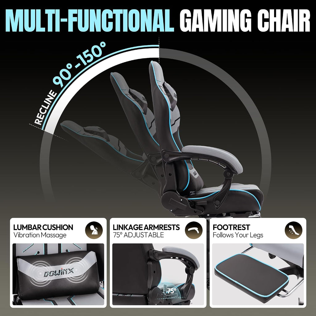Dowinx Big and Tall Gaming Chair 350LBS, Racing Style Ergonomic Computer Chair with Side-Mounted Recline Control, Footrest & Massage Lumbar, High Back Chair with Embroidered Design for Gaming or Work