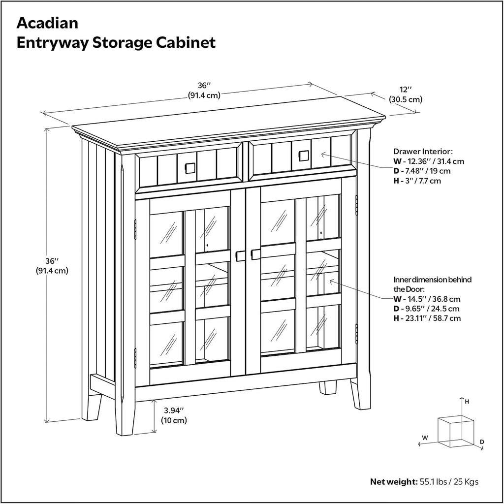 SIMPLIHOME Acadian Storage Cabinet - 36 inch Wide Solid Wood Entryway Storage Cabinet in Light Golden Brown, Transitional Cabinet for Hallway or Living Room with 2 Drawers and Adjustable Shelves