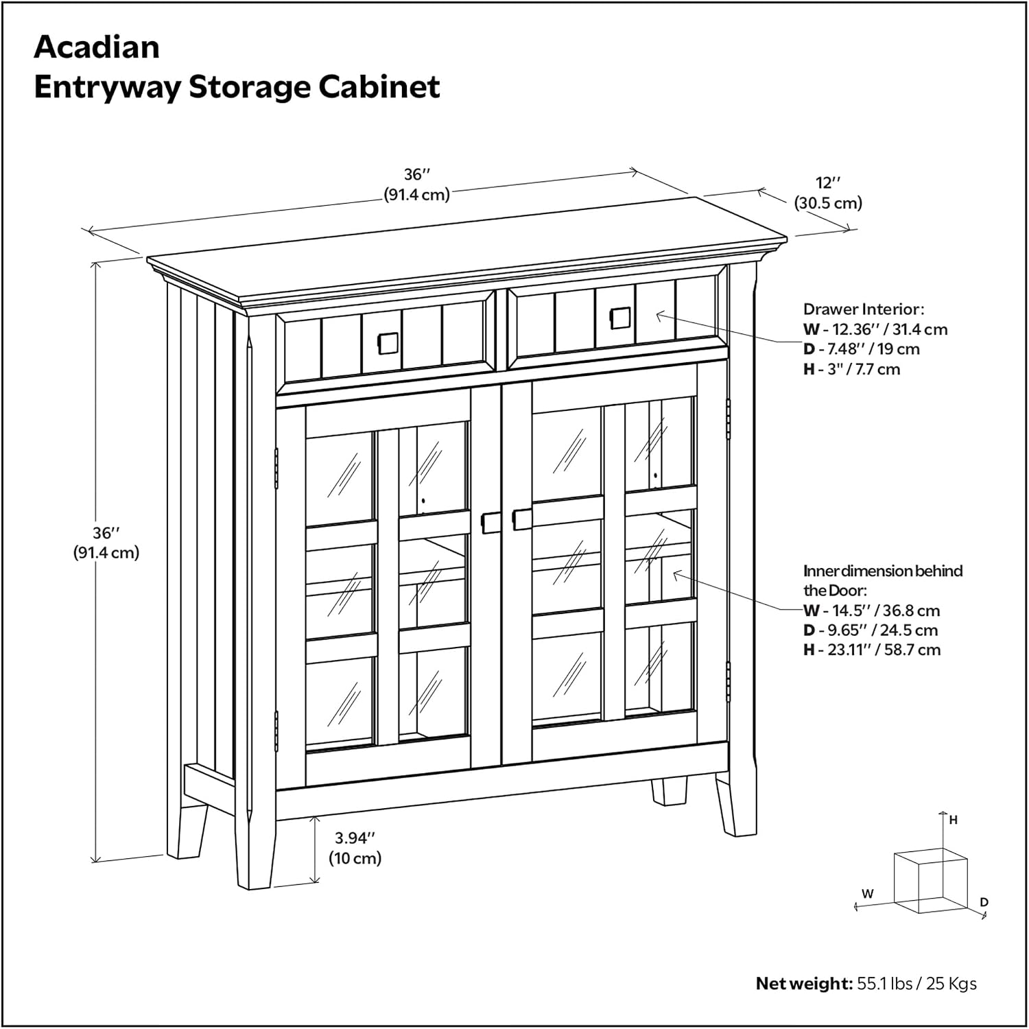 SIMPLIHOME Acadian Storage Cabinet - 36 inch Wide Solid Wood Entryway Storage Cabinet in Light Golden Brown, Transitional Cabinet for Hallway or Living Room with 2 Drawers and Adjustable Shelves