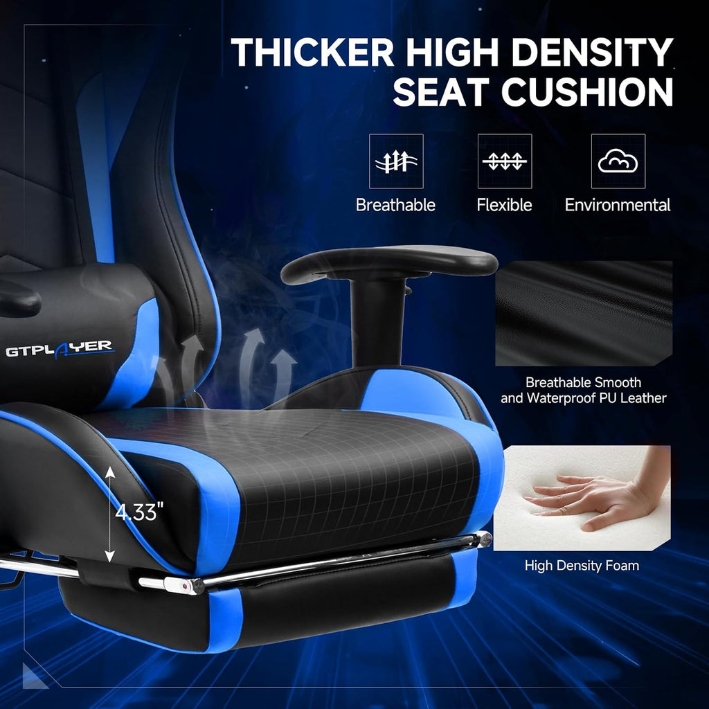 GTPLAYER Gaming Chair,Gamer Chair with Bluetooth and Adjustable Backrest,Seat Height Adjustable Computer Chairs with 3D Armrests,Video Game Chair with Footrest Speakers (Blue)