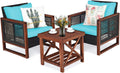 Tangkula 3 Pieces Patio Wicker Furniture Set, Rattan Outdoor Sofa Set w/Washable Cushion & Acacia Wood Coffee Table, Conversation Bistro Set for Garden Balcony Backyard (Turquoise)