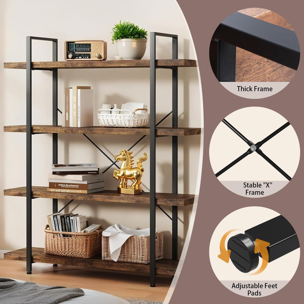 4 Tier Book Shelf, 47'' Wide Wood Industrial Bookshelf, 120lbs Shelf Capacity, Open Storage Shelves, 55'' Tall Heavy Duty Display Shelving, Rustic Brown Bookcase for Bedroom,Living Room,Office -2Pcs
