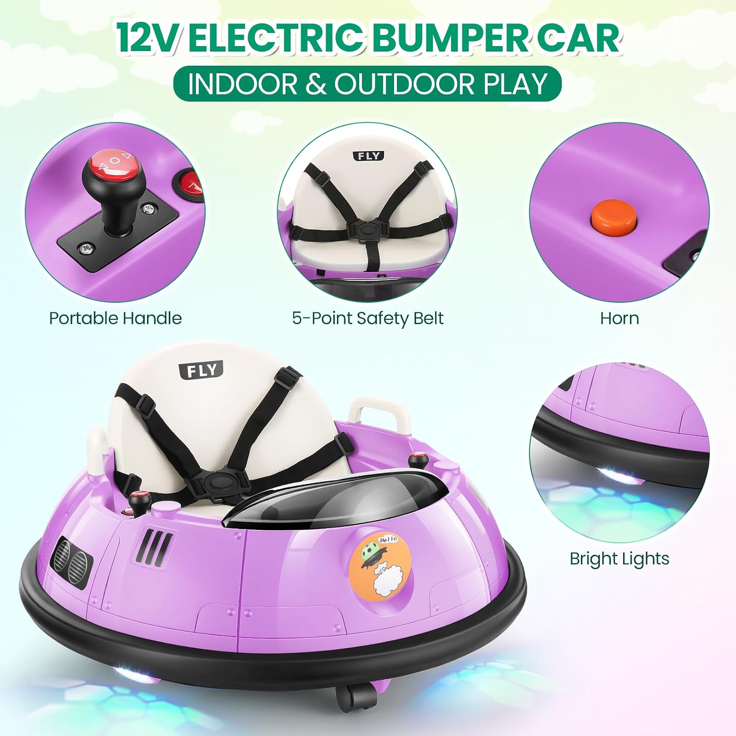 Hikole Toddler Bumper Car, 12V Electric Bumper Car for Kids with Parent Remote, Flashing LED Light, Safety Belt, 2 Driving Modes, 3-Speed, Baby Bumping Toy Gifts for Children Ages 1.5-5, Purple