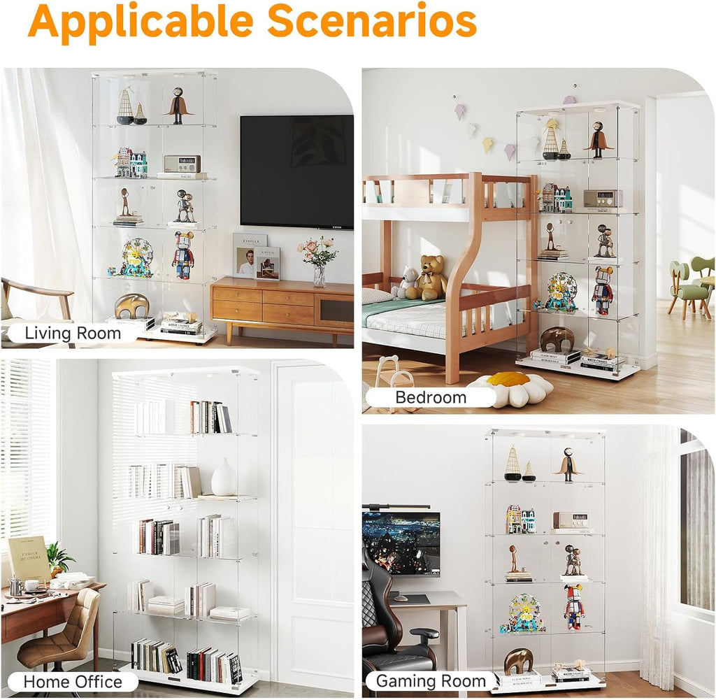 Zevemomo 5-Tier Tempered Glass Display Cabinet with Lights, Curio Cabinet with Glass Doors and Lock, Glass Display Case for Collectibles, for Living Room Bedroom Office, Double Door, White