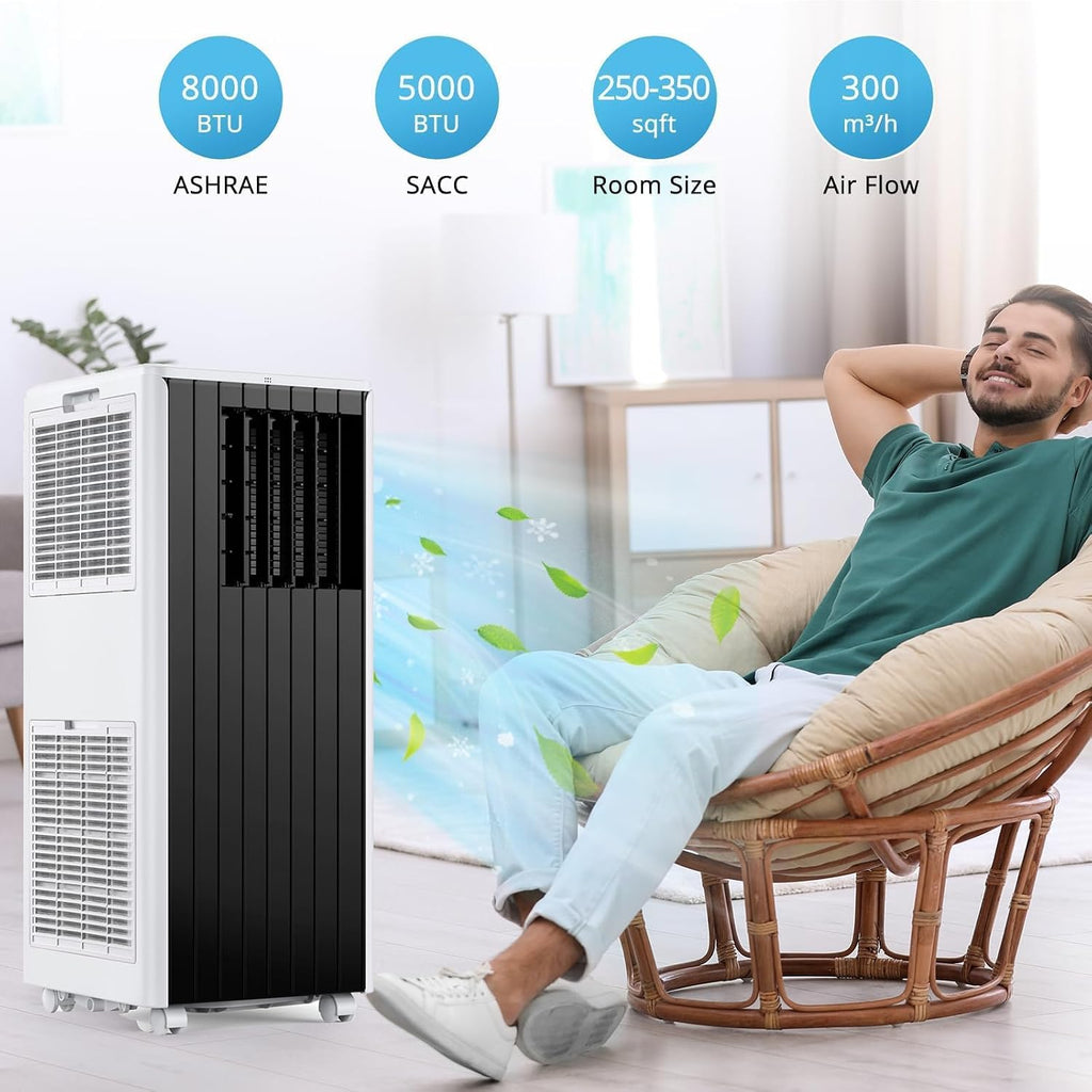 GarveeHome Quiet 8000 BTU Portable Air Conditioner with Fan & Dehumidifier, Energy Efficient AC Unit for Bedroom or Living Room, 3-In-1 Cooling with Auto Swing & Easy Installation Kit