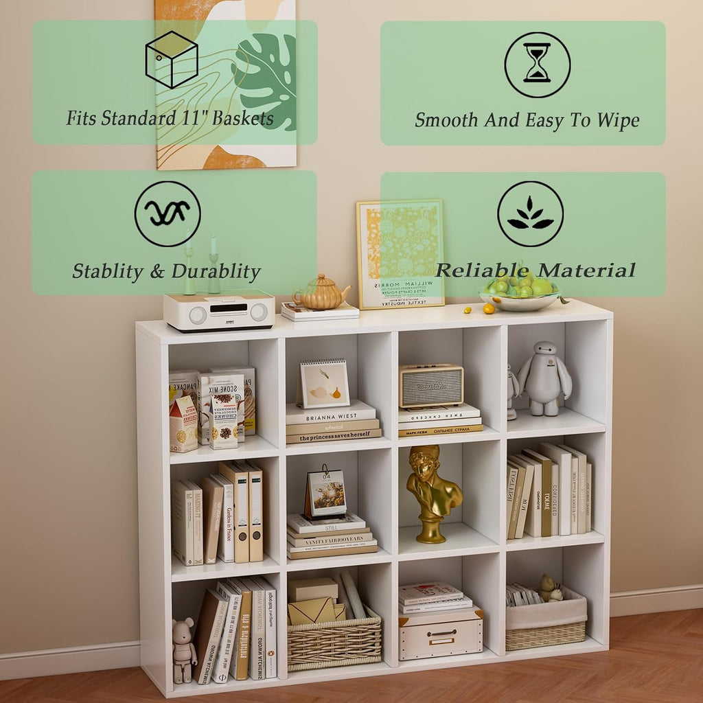 OSCHF 12-Cube Storage Shelf Bookcase - Wooden 3-Tier Floor Standing Open Bookshelf for Home and Office, Display Cabinet, Warm White