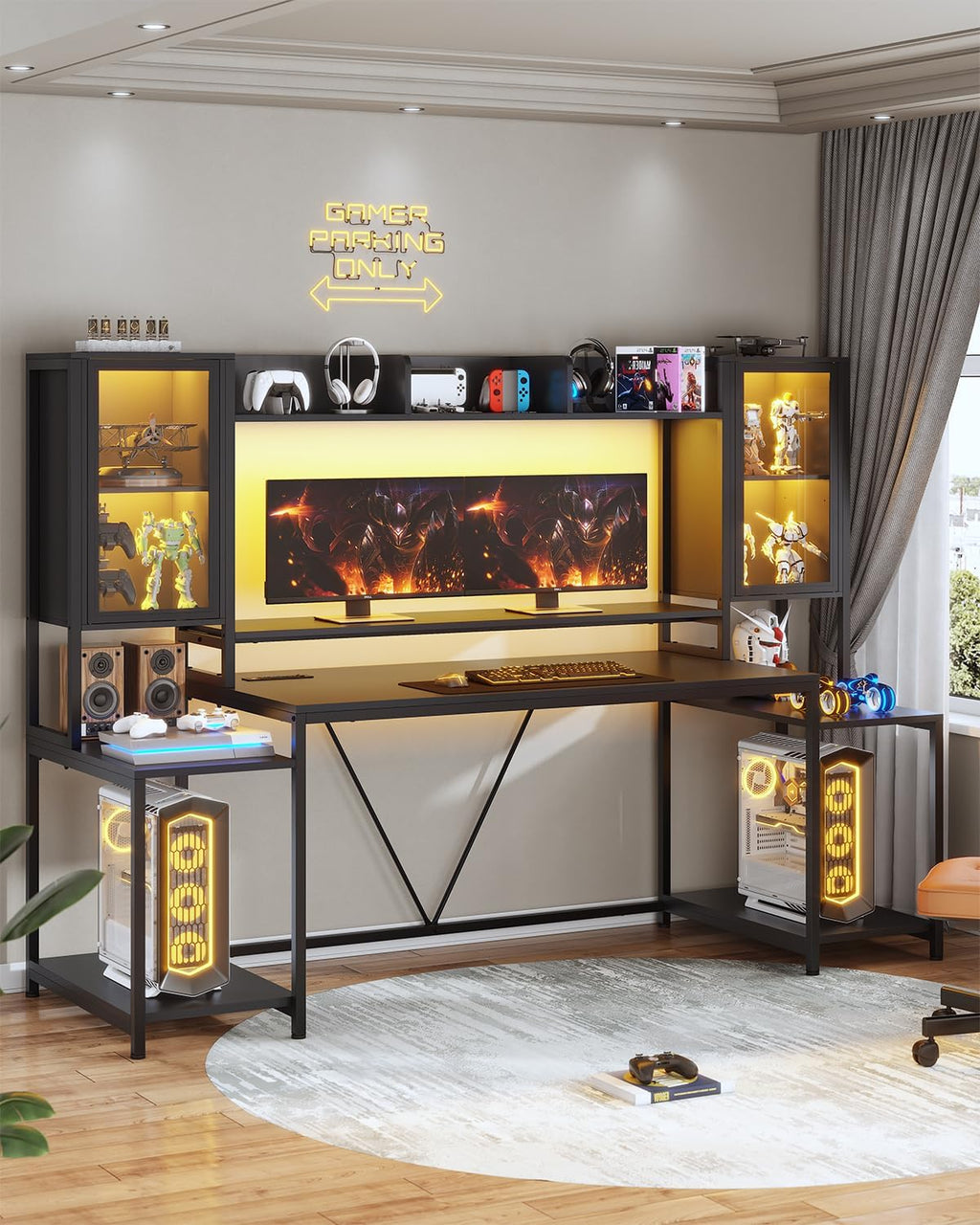 SEDETA Gaming Desk 74.8'' with LED Lights, Hutch and Storage Shelves, Computer Desk with Monitor Stand, Large PC Gamer Desk Workstation, Ergonomic Gaming Table for Bedroom, Living Room, Black