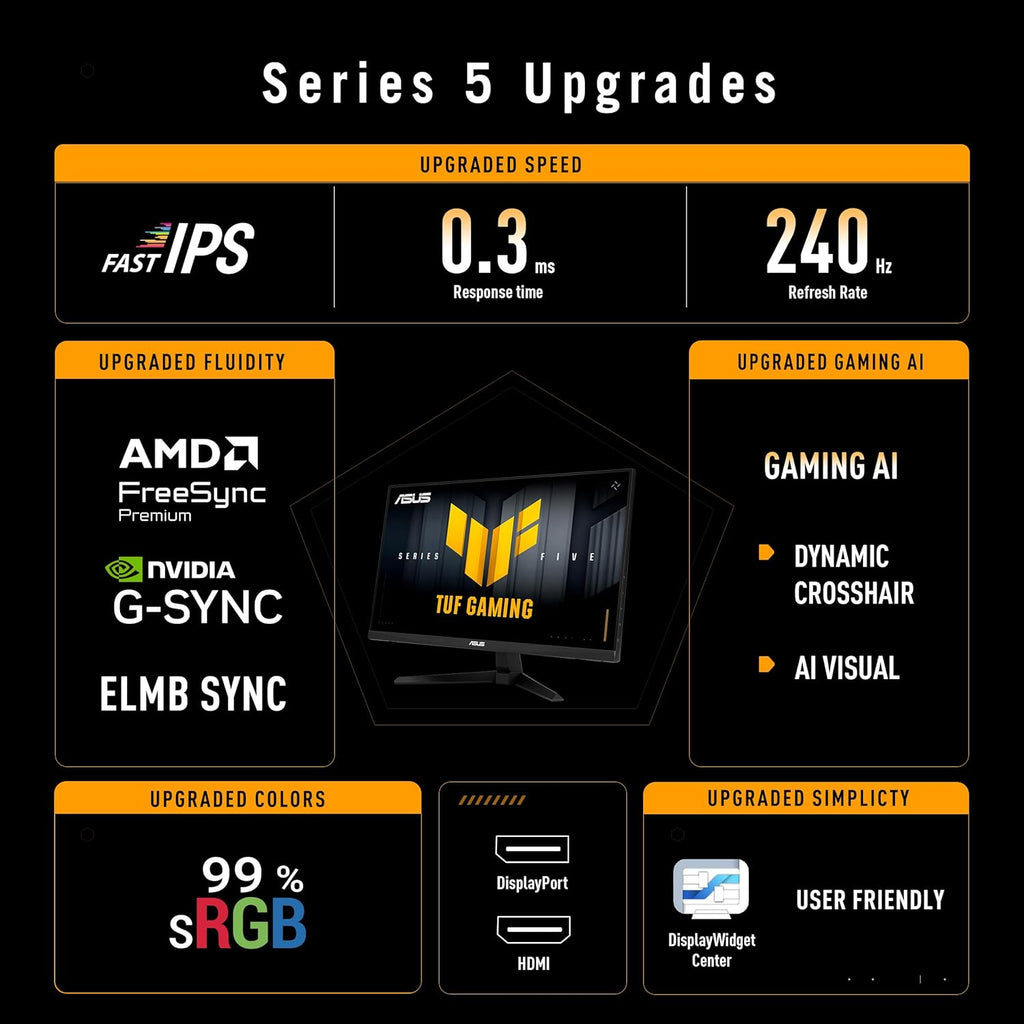 ASUS TUF Gaming Series 5 24.5' 1080P Monitor (VG259QM5A) – Full HD, Fast-IPS, 240Hz, 0.3ms, G-SYNC Compatible, FreeSync Premium, 99% sRGB, DisplayWidget, Gaming AI, 3 yr Warranty