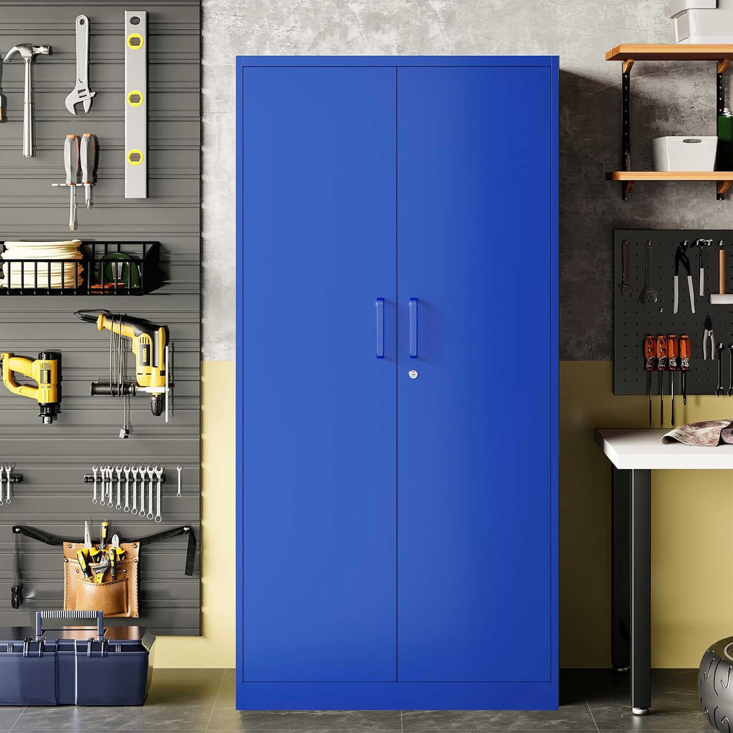 Metal Garage Storage Cabinet, 71' Locking Storage Cabinet with 2 Doors and 4 Adjustable Shelves, Lockable Metal Cabinet for Home,Garage,Gym,School（Blue）