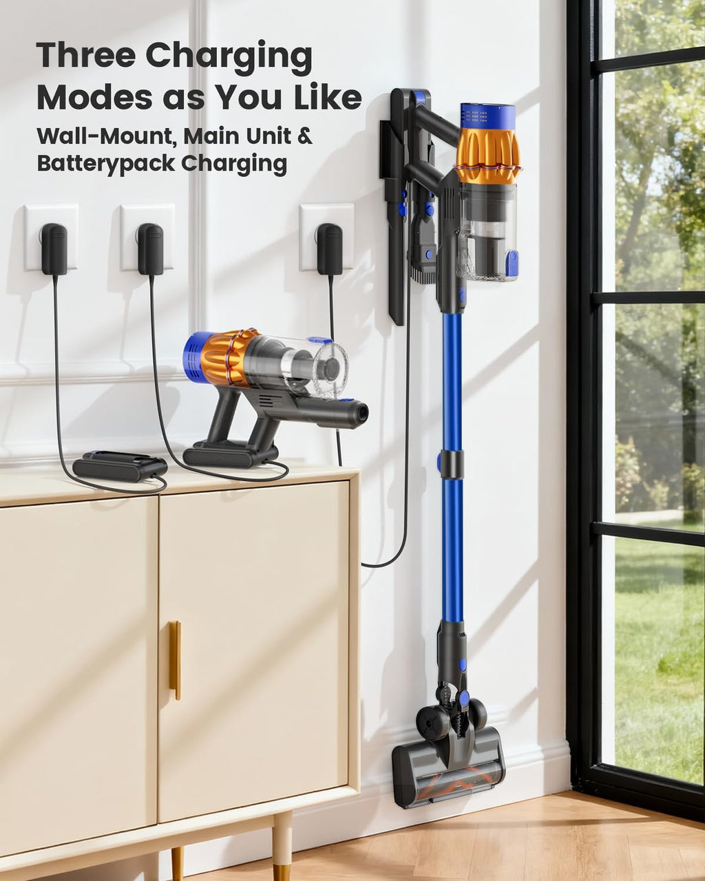 Cordless Vacuum Cleaner, 650W 48KPA 60Min Wireless Vacuum for Home，Stick Vacuum with Green Light Anti-Tangle, Rechargeable Vacuum Cleaners for Pet Hair Carpet Hard Floors (Blue)