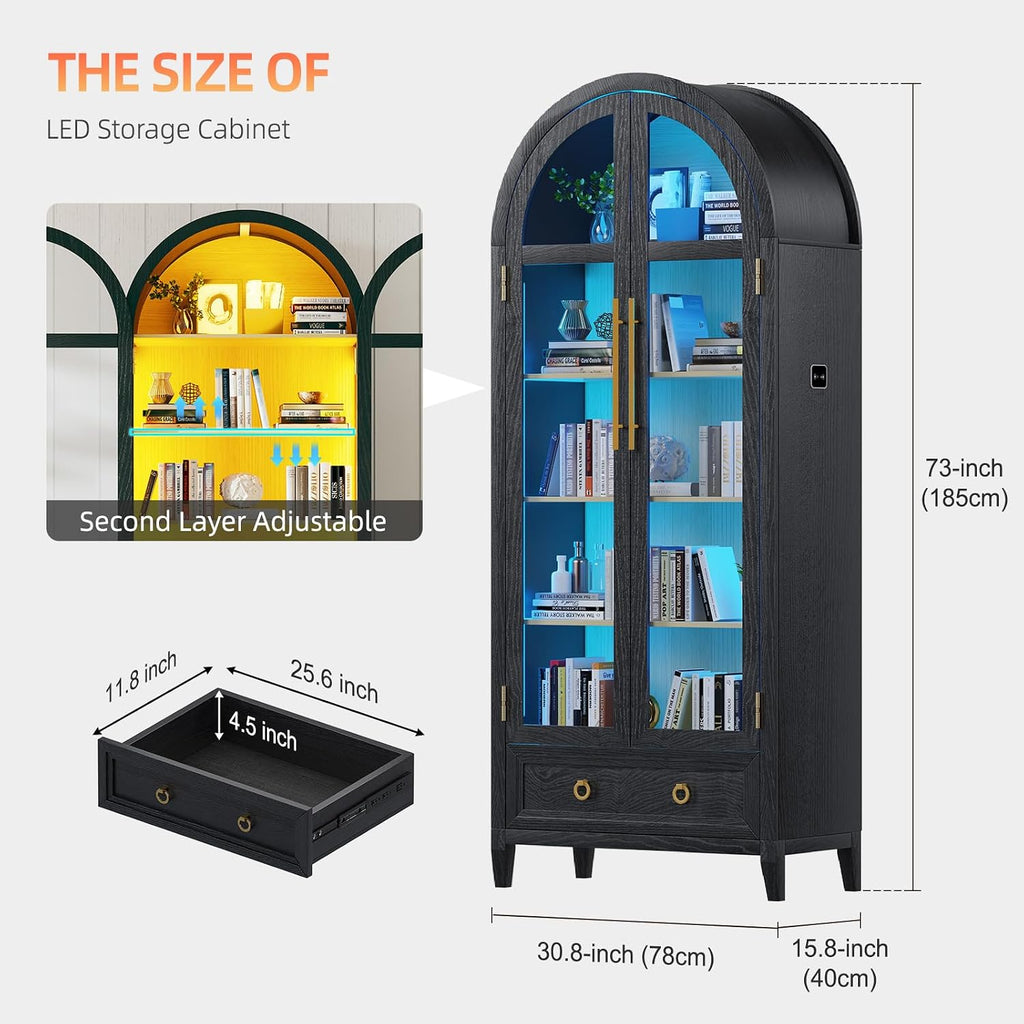 Arch Display Cabinet with Glass Doors, 4-Tier Curio Cabinet Shelves and a Drawer,73' Inch Tall LED Display Case for Collectibles,Bookcase for Bedroom Living Room Office,Black