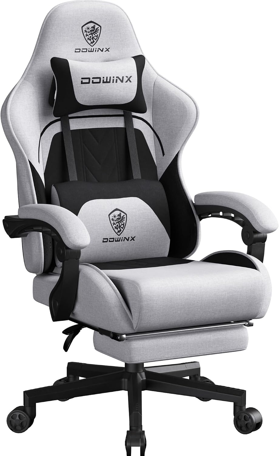 Dowinx Gaming Chair Fabric Big and Tall with Pocket Spring Cushion, Massage Game Chair Cloth with Headrest, Ergonomic Computer Chair with Footrest 350LBS, Black Grey
