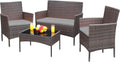 Greesum Patio Furniture 4 Pieces Conversation Sets Outdoor Wicker Rattan Chairs Garden Backyard Balcony Porch Poolside loveseat with Soft Cushion and Glass Table, Brown and Gray