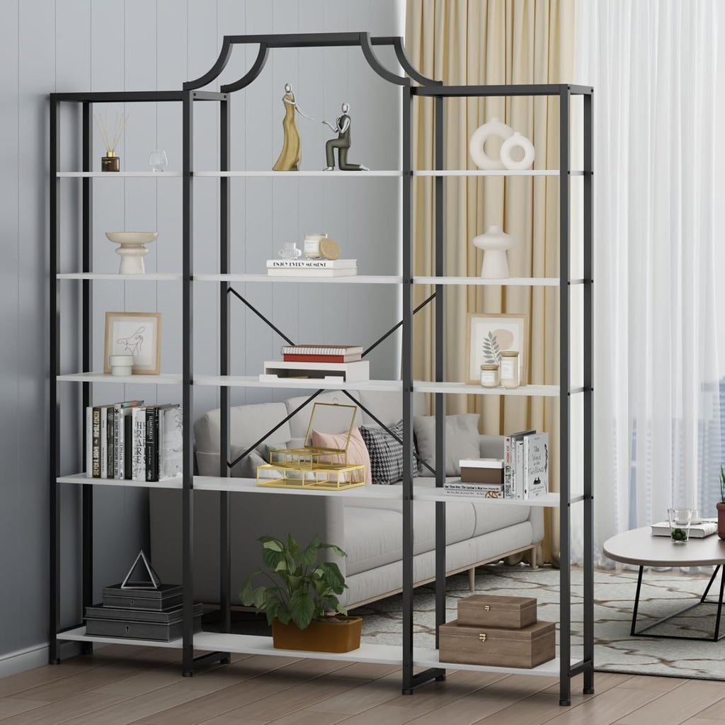 Auromie Triple Wide 5-Tier Bookshelf, 70.87' L x 79.13' H Extra Large Bookcase, Tall Open Etagere Display Shelf with Metal Frame, Freestanding Modern Storage Shelves for Home Office, Black&White