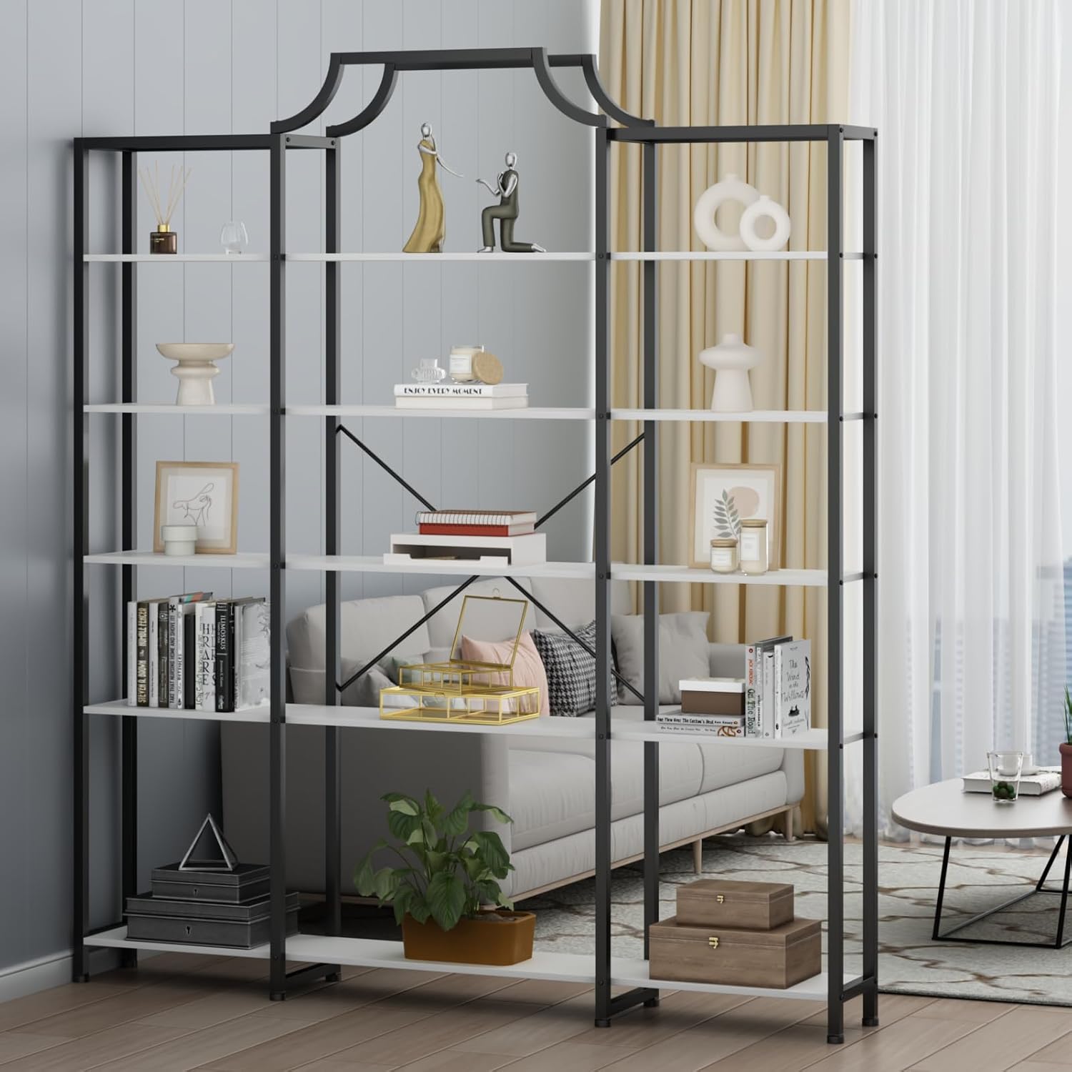 Auromie Triple Wide 5-Tier Bookshelf, 70.87' L x 79.13' H Extra Large Bookcase, Tall Open Etagere Display Shelf with Metal Frame, Freestanding Modern Storage Shelves for Home Office, Black&White