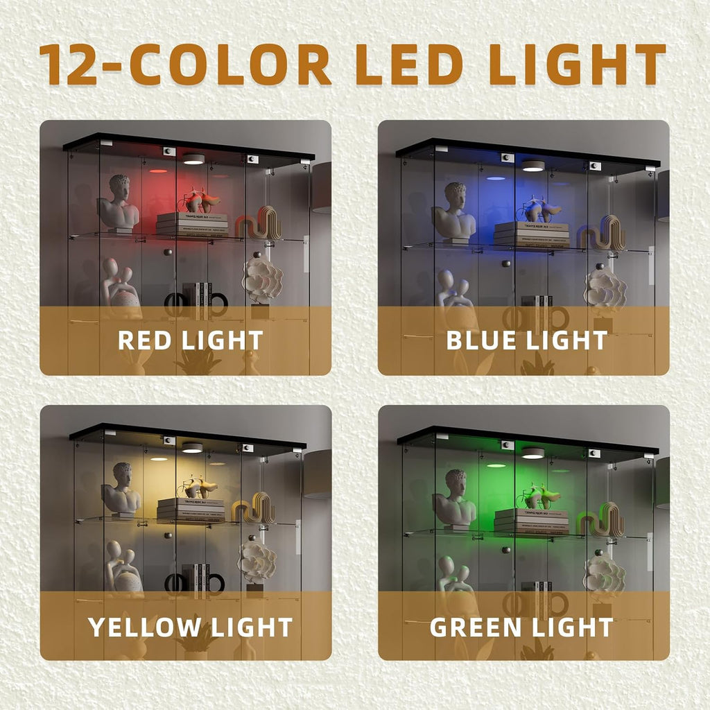 Glass Display Cabinet 12 Shelves with 2 Doors,Middle Open Display, Locking,LED Push Lights with Remote Control,4mm Tempered Glass Floor-to-Ceiling Glass Bookcase for Bedroom, Living Room,Black