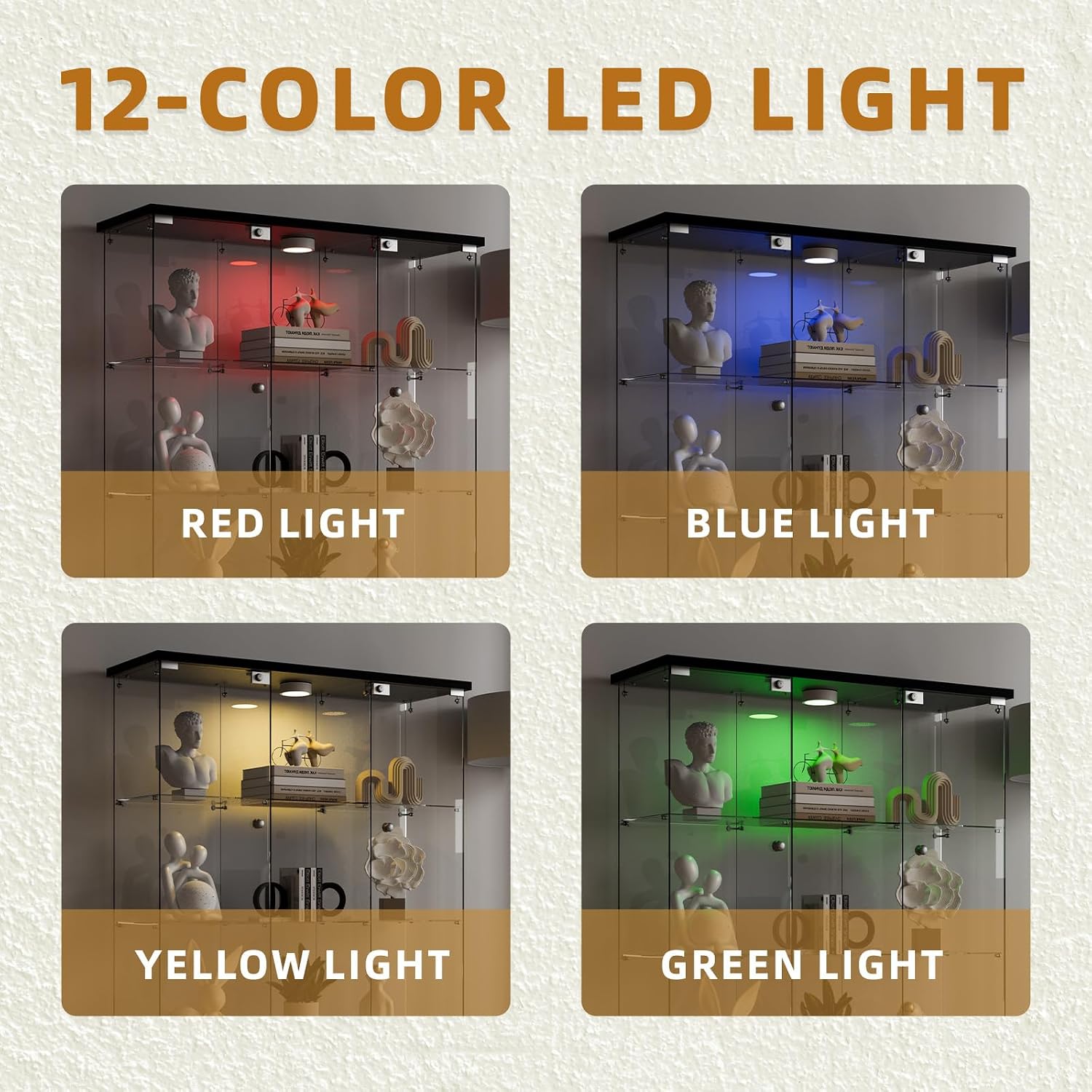 Glass Display Cabinet 12 Shelves with 2 Doors,Middle Open Display, Locking,LED Push Lights with Remote Control,4mm Tempered Glass Floor-to-Ceiling Glass Bookcase for Bedroom, Living Room,Black