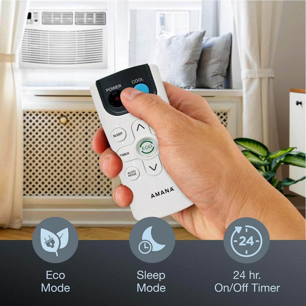 Amana 8,000 BTU Window Air Conditioner with Dehumidifier, 115V, Window AC for Rooms up to 350 Sq. Ft., Bedrooms, Bathrooms, and Nurseries with Remote Control, Digital Display, Timer, 3 Cooling Speeds